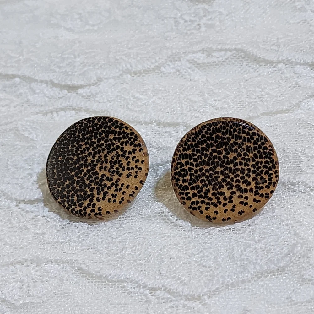 Vintage Round Wooden Animal Print Tan and Black Pierced Earrings